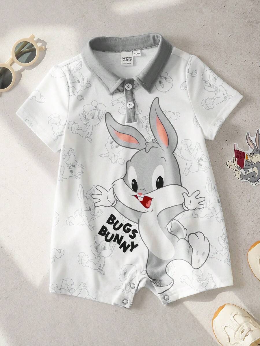 LOONEY TUNES X SHEIN 男嬰卡通印花連身衣 - 灰色 - 查看 1