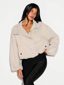 KIZN Oversized Button Detail Funnel Neck Lightweight Jacket With Balloon Sleeves And Elasticated Cuffs Fall Outerwear - Khaki - View 2
