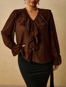 Travachic Plus Size Women's Chiffon Printed Long Sleeve Shirt, Leopard Print Ruffle Blouse - Brown - View 6