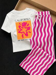 SHEIN EZwear 女款休閒寬鬆T恤與長褲套裝，度假風彩色條紋褲，夏季穿搭，街頭風，適合日常通勤、約會、派對、秋冬/夏季、婚禮、海灘、畢業典禮，優雅休閒，適合外出、Y2K、音樂祭穿搭、假期穿搭、返校穿搭 - 彩色 - 查看 4