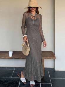 FRIFUL Women's Dark Gray Sheer Lace Fabric Tie Cinched Waist 2 Pieces Set Business Casual Outfit For Holiday Cute Tops - Grey - View 5