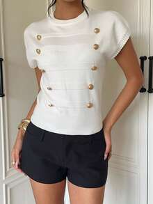 Aloruh Women's Autumn/Winter Pullover Napoleon Style Metal Decor Textured Knit Sweater Vest - Apricot - View 6