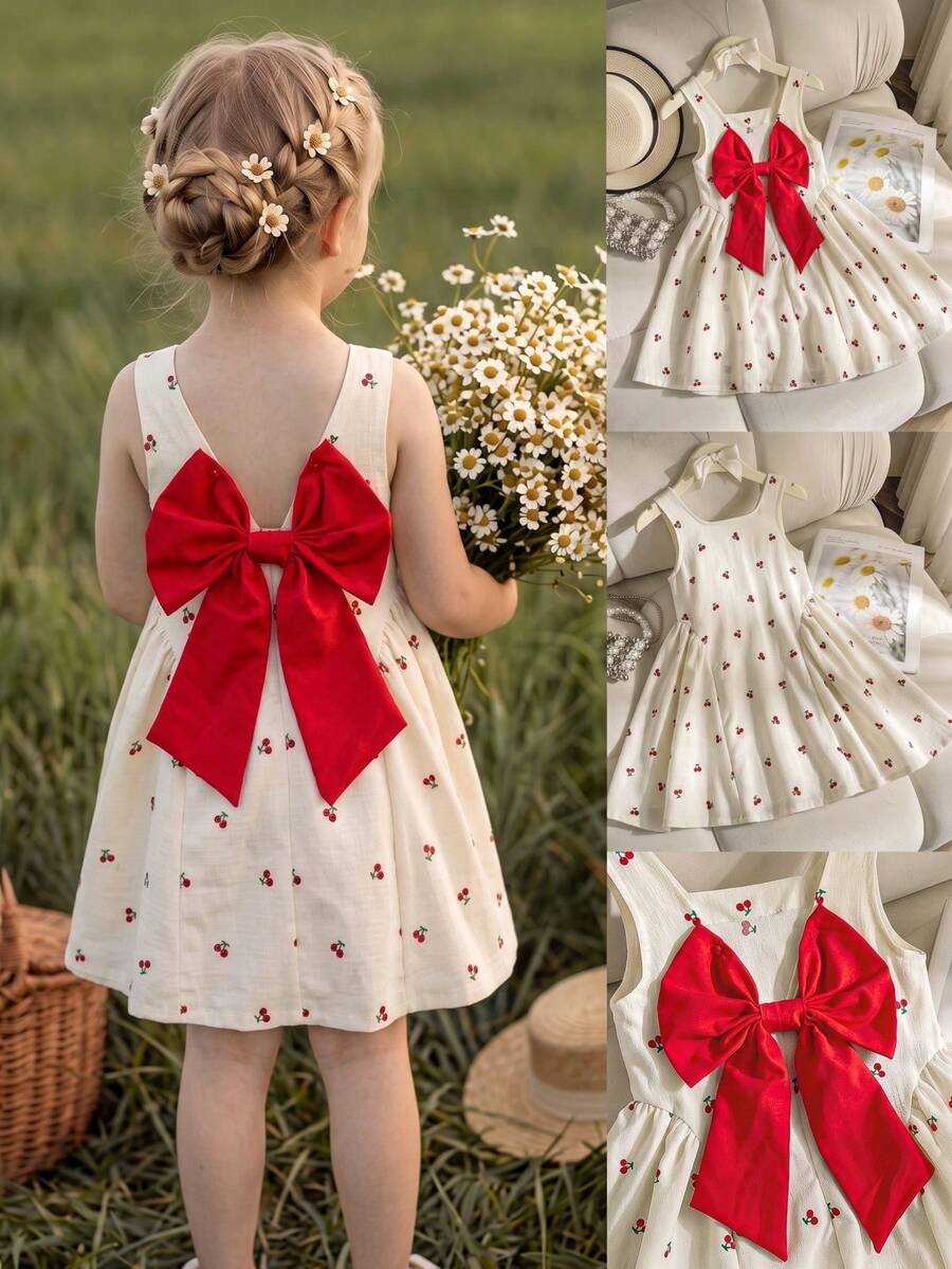 SHEIN Elladie kids 1件少女夏季新款方領無袖背心洋裝，櫻桃印花、後背V領設計、隱形拉鍊、可拆式大蝴蝶結、大下擺側抽褶，簡約百搭，適合日常、派對、海灘度假