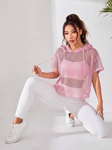 SHEIN Dewbera 女款純色短袖抽繩連帽寬鬆運動運動衫 - 粉色 - 查看 5