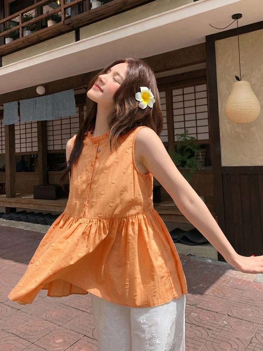 DAZY 女款素色百褶休閒百搭日常穿著襯衫 - 橘色 - 查看 1