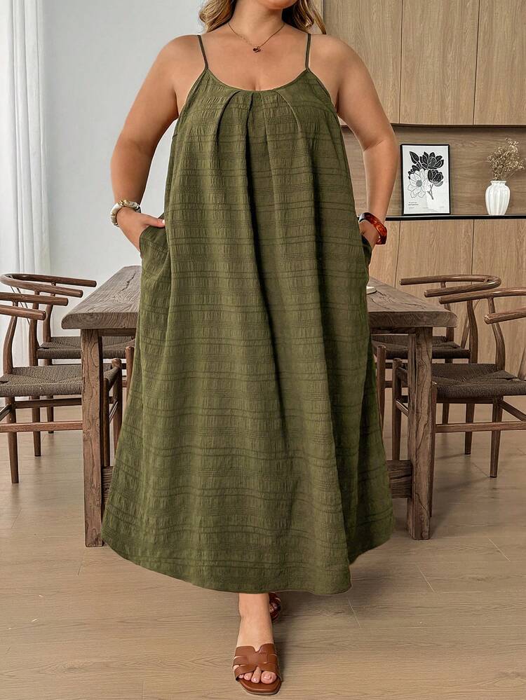 SHEIN CURVE+ Plus Size Tree Pattern Spaghetti Strap Backless Loose Casual Dress, Suitable For Vacation And Beach - Green - View 3