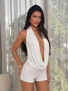 SHEIN ICON 夏季 Y2K 女款外出生日網紗掛脖綁帶露背深 V 領性感休閒連身短褲 - 白色 - 查看 6