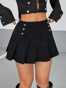 Rivivi Rok Mini Denim Lipit Kancing Ganda untuk Wanita - Hitam - View 5