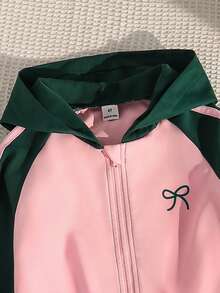 SHEIN 女童2件套編織休閒西式百搭連帽拉鍊外套＋寬鬆寬腿褲，蝴蝶結印花，粉色滾邊，3D蝴蝶結，生日紫色綠色秋季款 - 彩色 - 查看 3
