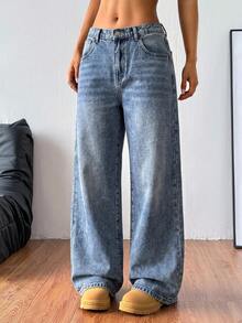 SHEIN Teen Girl Casual Washed Wide Leg Jeans - Medium Wash - View 3