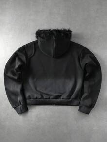 ROMWE MEN Street Life Men's Gradient Vintage Colorblock Patchwork Structured Fur Collar Hooded Sweatshirt - Black - View 3
