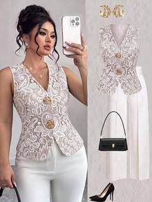 GlowEve CURVE Plus Size Faux Linen Textured Fabric V-Neck Sleeveless Vest With Open Front Gold Rose Decorative Buttons, Waist-Defining Fitted Elegant Commuter Outing Party Date Vest - Multicolor - View 1