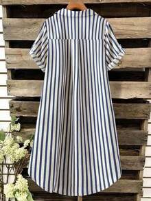 EMERY ROSE Nuevo vestido casual largo con botones, cuello en V y rayas, holgado para mujeres - Azul Marino - Ver 2