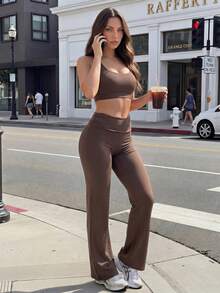 Dewbera Dewbera Women's Solid Color Flared Leg Sports Modest Pants Gym Light Brown Summer - Brown - View 5