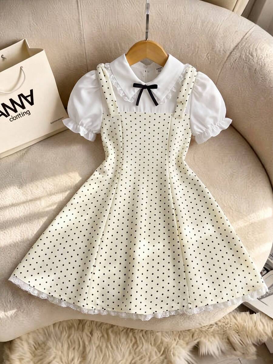 SHEIN 青少年女孩波點泡泡袖蝴蝶結A字洋裝,校園風,返校季 - 白色 - 查看 1