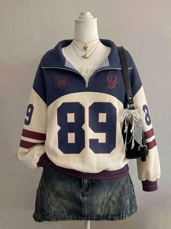 Attitoon Sweatshirt Kerah Tegak Gaya Retro Kasual Wanita, Model Vintage Perguruan Tinggi Amerika