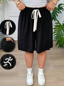 SHEIN EZwear 大尺碼夏季休閒百搭純色短褲 - 黑色 - View 1