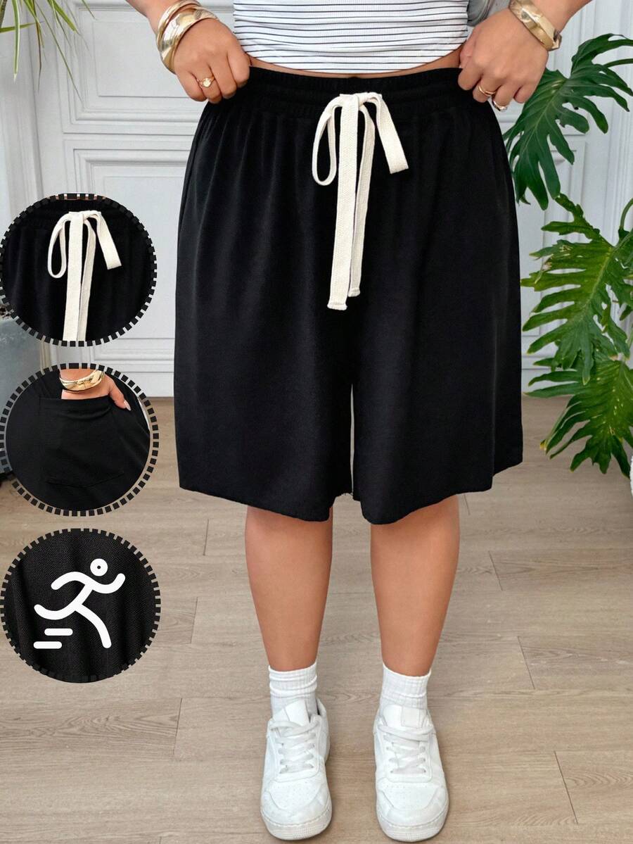 SHEIN EZwear 大尺碼夏季休閒百搭純色短褲 - 黑色 - View 1