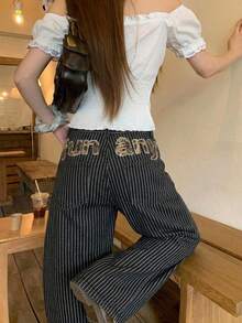 DAZY 女款條紋韓風寬鬆休閒牛仔褲 - 黑色 - 查看 7