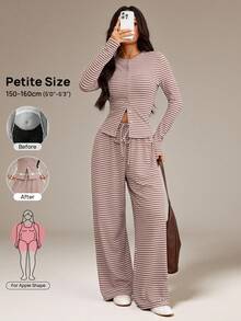 SHEIN PETITE 女款條紋長袖單排扣T恤與長褲休閒兩件套 - 粉色 - 查看 13