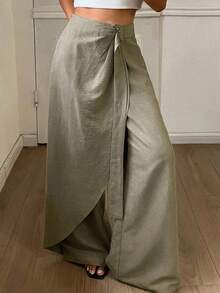 DAZY Solid Color Loose Tie-Up Elegant Street Casual Vacation Spring Autumn Wide Leg Pants Women Long Brunch Office Olive Green - Green - View 3