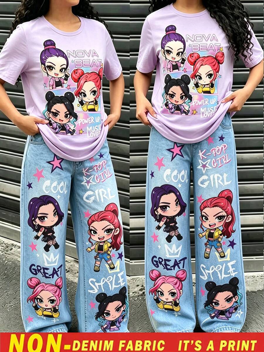 Genkimix Kids 少女组合风格套装,浅紫色短袖上衣搭配甜美少女风印花宽松长裤。面料柔软舒适,透气性佳,适合夏季穿着。阔腿涂鸦印花牛仔裤款式,增添街头潮流感,宽松版型方便日常活动。甜美与酷炫的碰撞,轻松打造夏日出行和校园造型。 - 紫色 - 查看 1