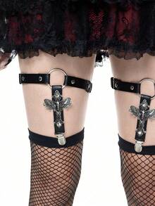 ROMWE Goth 2 件女式哥特式吊袜带，带空心十字架装饰，腿袜吊袜带，适合日常搭配连衣裙和裙子，万圣节 - 黑色 - 查看 1