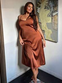 Dazy Plus Charming Glossy Satin Slim Fit Spaghetti Strap Long Plus Size Women Sexy Nightgown Spring Summer - Burnt Orange - View 5
