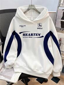 SHEIN 青少年女孩針織拼色字母印花寬鬆休閒衛衣 - 藍白色 - 查看 8