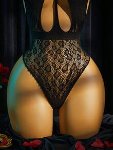 SpicyHot 1pc Leopard Print Lace Choker Halter Deep V Backless High Slit Sexy Teddy Lingerie Sleepwear - Black - View 5