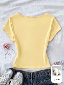SHEIN Tween Girl Solid Color Knit Scoop Neck Casual Fitted T-Shirt - Yellow - View 2