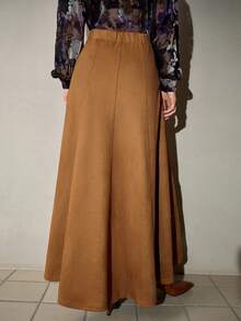 MOTF PREMIUM ELEGANT SUEDE-LIKE FLARED LONG SKIRT, AUTUMN/WINTER - Khaki - View 3