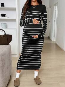SHEIN 孕婦條紋圓領長袖修身休閒洋裝 秋季 - 黑色 - 查看 5