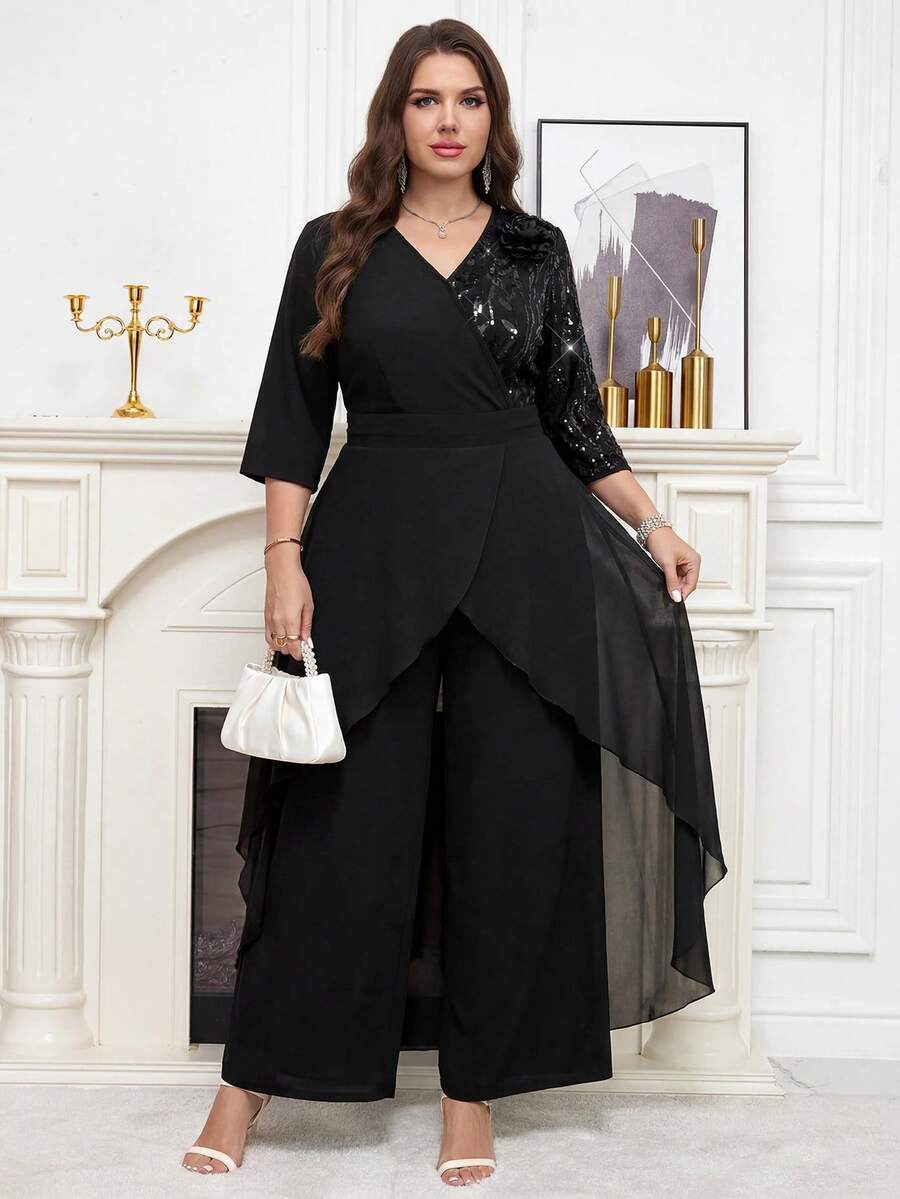 Reflora Plus Size Women's V-Neck Casual Daily Wear Jumpsuit Wide Leg Pants Fall - Multicolor - View 1