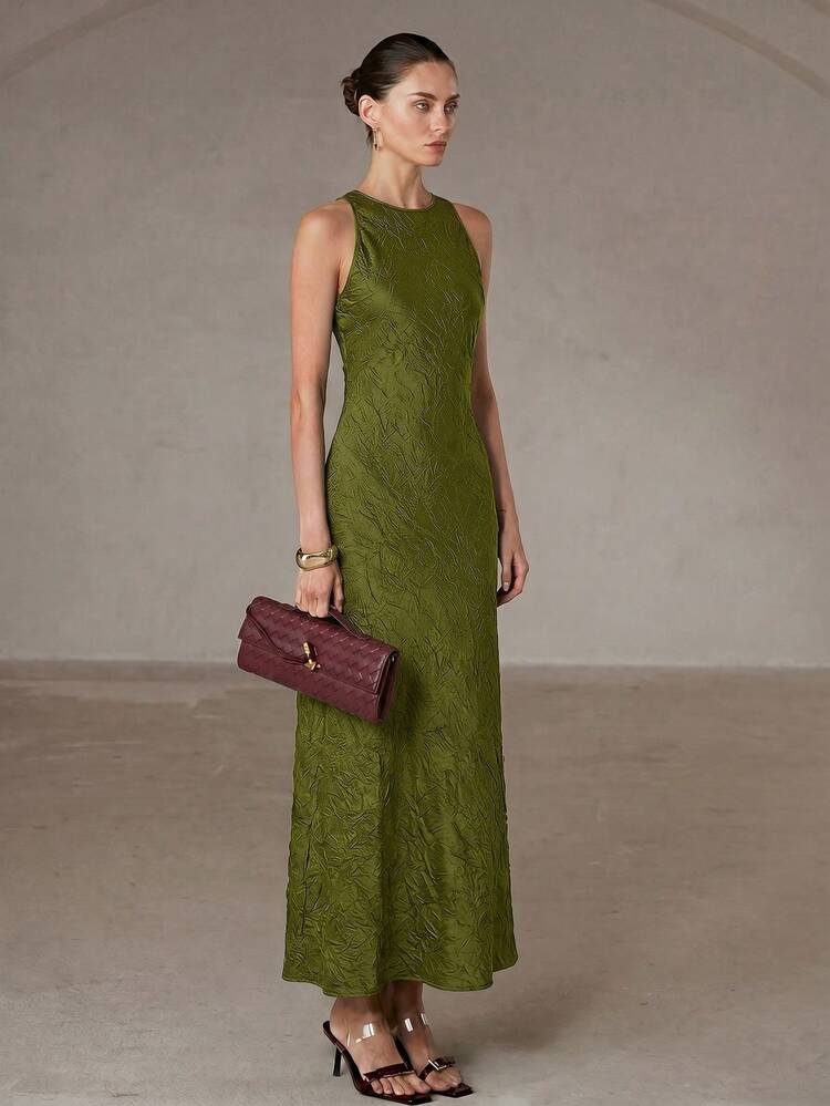 Aveloria Modichic Minimalist Elegant 3D Asymmetric Cut Double-Sided Satin Faux Acetate Fabric A-Line Slimming Versatile Sleeveless Long Dress For Women - Olive Green - View 2