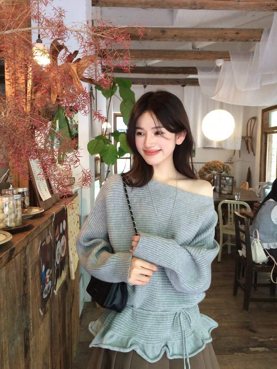 DAZY Women's Korean Style Asymmetrical Shoulder Ruffle Trim Long Sleeve Sweater Fall - Grey - View 1