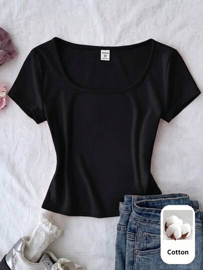 SHEIN Tween Girl Solid Color Knit Scoop Neck Casual Fitted T-Shirt