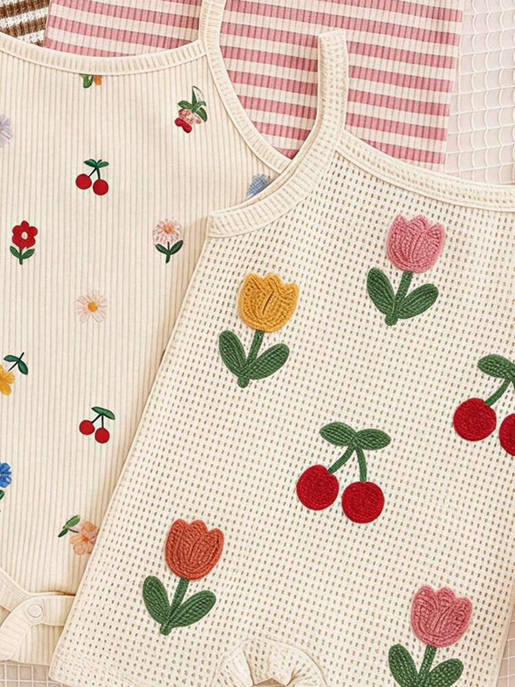 [Random 3pcs, Send 1pc] Vintage Cute Comfortable Brown Stripe Floral Series, Baby Girl Casual Romper For Spring/Summer, Easy Comfort, Chill - Multicolor - View 5