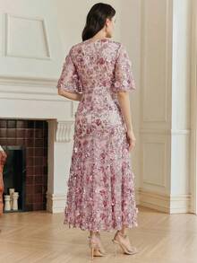 Anewsta Elegant Navy Blue Floral Mesh Ruffle Trim Sequin Embellished Short Sleeve Dress, Suitable For Party, Date, Resort Wear, Spring/Summer Outfits - Pink - View 7