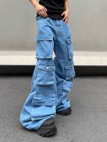 Manfinity EMRG Men's Wide Leg Flare Cargo Denim Jeans - Blue - View 1