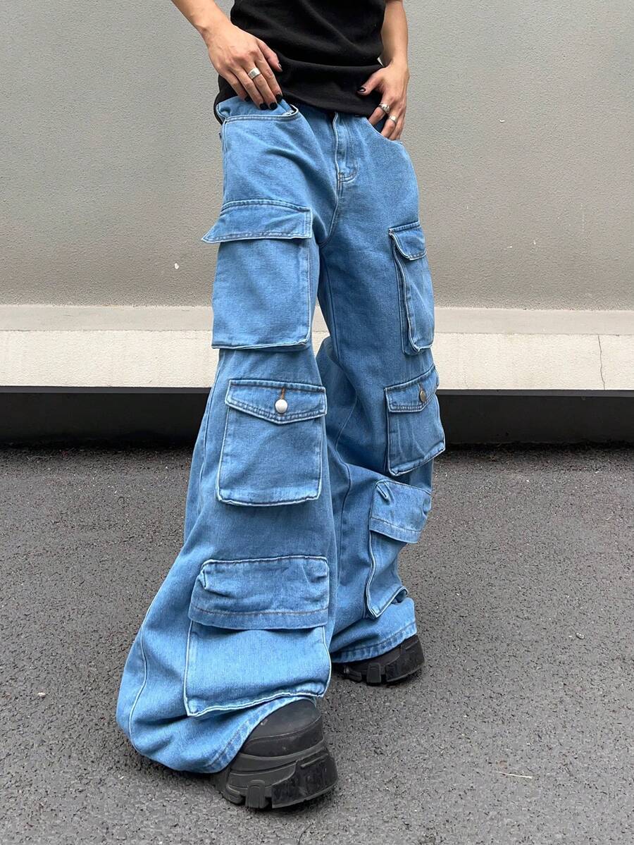 Manfinity EMRG Men's Wide Leg Flare Cargo Denim Jeans - Blue - View 1