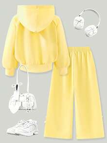 SHEIN Genkimix Kids Long Sleeve Little Girls 2‑Piece Casual Tracksuit, Fall Tops - Yellow - View 2