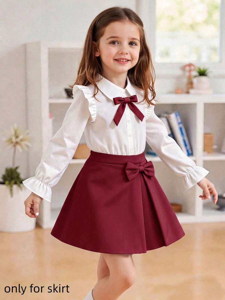 SHEIN 1件女童A字裙，彈性腰頭，優雅時尚休閒戶外蝴蝶結裝飾裙