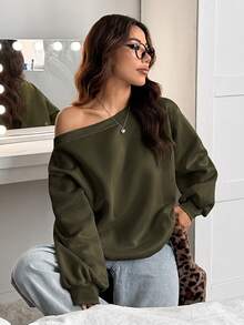 SHEIN EZwear 女款寬鬆不對稱肩白色保暖內裡運動衫，秋冬款 - 軍綠色 - 查看 6