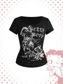 Betty Boop | ROMWE Spring/Summer Y2K Hot Girl Collaboration Vintage Distressed Print Fitted Ruched T-Shirt - Black - View 1