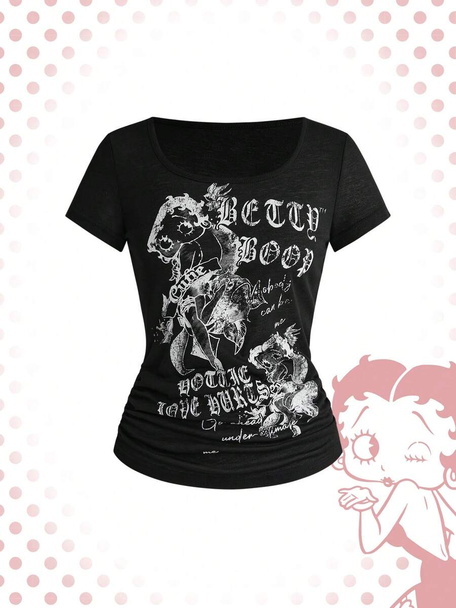 Betty Boop | ROMWE Spring/Summer Y2K Hot Girl Collaboration Vintage Distressed Print Fitted Ruched T-Shirt - Black - View 1