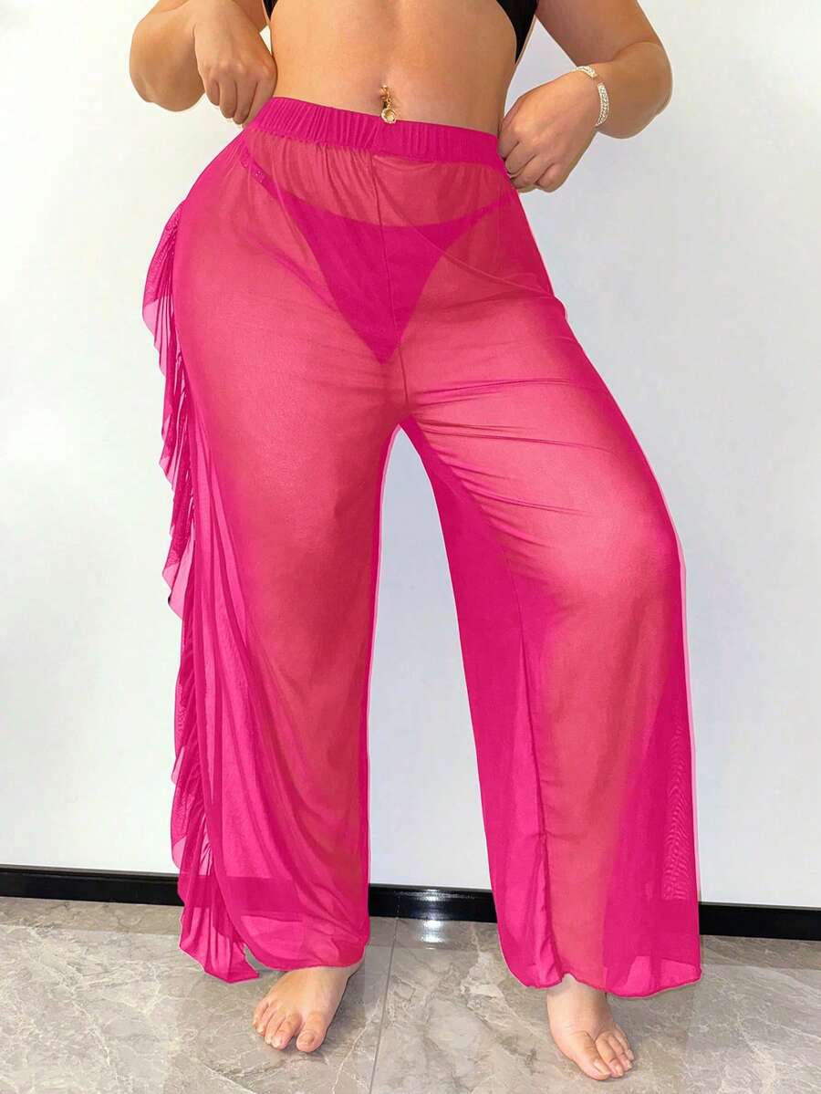 Slaydiva New Year Party Fringe Trim Design Plus Size Women's Cover Up And Pants - Hot Pink - View 1