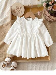 SHEIN LMoss Kids 女婴可爱优雅白色花卉刺绣荷叶边连衣裙 - 白色 - 查看 1