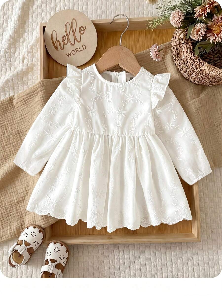 SHEIN LMoss Kids 女婴可爱优雅白色花卉刺绣荷叶边连衣裙 - 白色 - 查看 1
