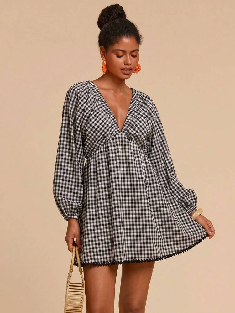Travachic Vestido mini casual de manga larga a cuadros para vacaciones - Blanco y Negro - Añade 7